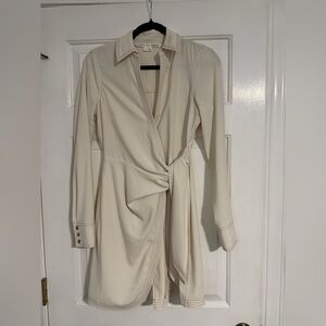 Veronica Beard Ivory Tie-Waist Long Sleeve Dress